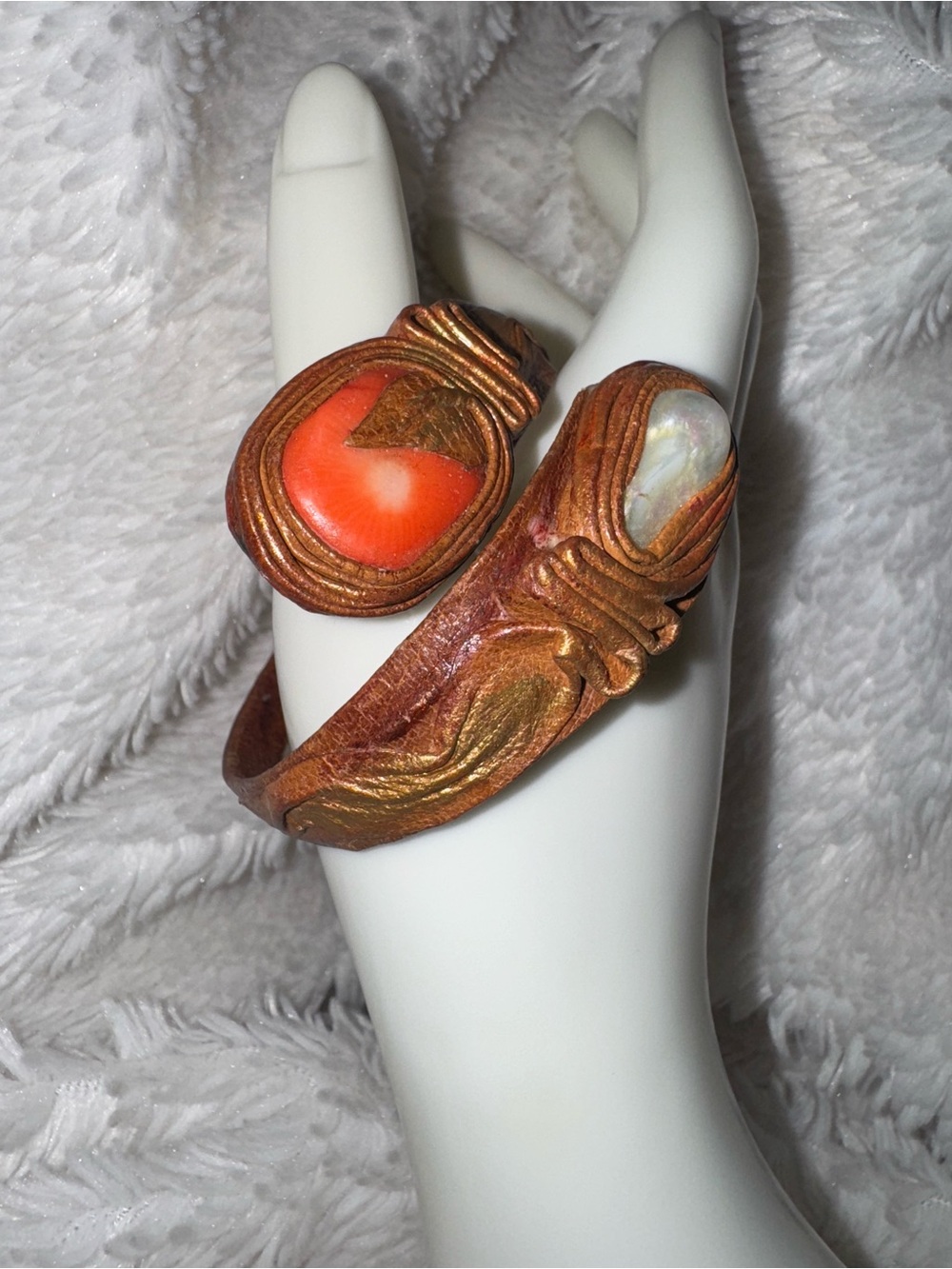 Vintage Unique Handmade Artesian Tan Leather Cuff with Matte Coral & Biwa Pearl